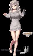 1girl barefoot bottle breasts brown_eyes creature dress fish floating_hat full_body general grey_dress grey_hair hair_between_eyes holding holding_bottle jiji_(aardvark) kantai_collection long_hair looking_at_viewer off-shoulder_dress off_shoulder official_alternate_costume official_art plate pola_(kancolle) pola_(saury_festival)_(kancolle) solo standing sweater sweater_dress thick_eyebrows third-party_source tokkuri transparent_background // 580x974 // 90.0KB