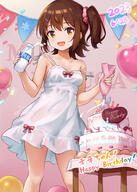 1girl absurdres bare_shoulders birthday birthday_cake bottle bow brown_hair cake commentary_request confetti dress dress_bow food hair_ornament highres idolmaster idolmaster_million_live! idolmaster_million_live!_theater_days kasuga_mirai koaya looking_at_viewer medium_hair milk_bottle one_side_up open_mouth short_dress sleeveless sleeveless_dress solo spaghetti_strap sundress white_dress yellow_eyes // 2220x3106 // 2.6MB