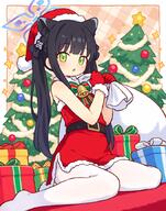 1girl alternate_costume animal_ear_fluff animal_ears bell black_hair blue_archive blue_halo blush box cat_ears cat_girl christmas christmas_ornaments christmas_present christmas_tree coat commentary flat_chest general gift gift_box green_eyes halo hat holding holding_sack loli long_hair looking_at_viewer neck_bell onyhakase open_mouth pantyhose red_coat red_hat sack santa_costume santa_hat sensitive shun_(blue_archive) shun_(small)_(blue_archive) sitting sleeveless sleeveless_coat solo tweet_ブルアカ twintails twitter.com wariza white_pantyhose // 680x865 // 575.4KB