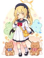 1girl bag black_footwear black_hat black_ribbon black_shoes blonde_hair blue_archive blush bow child clenched_hand commentary demon_tail demon_wings dot_nose dress frilled_socks frills general hair_ribbon halo hand_on_own_chest hand_up hat horns ibuki_(blue_archive) long_hair long_sleeves medium_dress o one_side_up onyhakase red_bow ribbon sailor_collar shoes shoulder_bag socks solo standing stuffed_animal stuffed_toy tail teddy_bear white_background white_dress white_socks wings yellow_bag yellow_eyes // 640x837 // 390.8KB