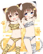 2girls absurdres animal_ear_fluff animal_ears animal_print animal_tail ayanepuna bangs bare_shoulders blue_eyes blush brown_eyes brown_hair chinese_zodiac clavicle claw_pose clothing collarbone commentary commentary_request crop_top d egasumi eyebrows_visible_through_hair fang feet_out_of_frame female hair_between_eyes hair_ornament hairclip hands_up highres legwear locked_arms loli mana_(ayanepuna) mei_(ayanepuna) multiple_girls navel off-shoulder_shirt off_shoulder open-mouth_smile open_mouth original print_legwear print_shirt print_thighhighs questionable sensitive shirt smile standing striped tail thighhighs tiger_ears tiger_girl tiger_print tiger_tail white_legwear white_thighhighs year_of_the_tiger yellow_legwear yellow_thighhighs yuune_(ayanepuna) // 2000x2500 // 2.0MB