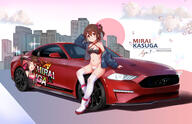1girl absurdres arm_behind_head bikini blush boots bow breasts brown_eyes brown_hair car cleavage collarbone criss-cross_halter falling_petals ford ford_mustang ford_mustang_s550 hair_bow hair_ornament hairclip halterneck highleg highleg_bikini highres idolmaster idolmaster_million_live! itasha jacket jacket_partially_removed kasuga_mirai koaya leaning_against_vehicle looking_at_viewer motor_vehicle navel one_side_up open_clothes open_jacket parted_lips petals pink_bow race_queen red_car sensitive short_hair signature skyline solo sparkle swimsuit thighhighs white_bikini white_boots white_thighhighs // 7779x5031 // 10.0MB