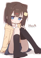 1girl adult asymmetrical_legwear black_thighhighs blue_eyes blush brown_hair brown_jacket closed_mouth commentary_request drawstring grey_skirt hair_ornament hairclip hand_on_own_knee hand_up highres hood hood_down hooded_jacket jacket knees_up long_sleeves looking_at_viewer mana_(ayanepuna) no_shoes open_clothes open_jacket original panties puffy_long_sleeves puffy_sleeves sailor_collar sensitive shadow shirt simple_background single_sock single_thighhigh sitting skirt sleeves_past_wrists smile socks solo thighhighs underwear white_background white_panties white_sailor_collar white_shirt yuune_(ayanepuna) // 1000x1414 // 407.5KB