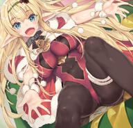 1girl bell black_legwear blonde_hair blue_eyes bodysuit christmas_outfit collar elf female how_not_to_summon_a_demon_lord isekai_maou_to_shoukan_shoujo_dorei_majutsu isekai_maou_to_shoukan_shoujo_no_dorei_majutsu long_hair lying metal_collar neck_bell on_back outstretched_arms pointed_ears pointy_ears safe santa_costume sensitive shera_l._greenwood tsurusaki_takahiro // 1203x1155 // 1.1MB