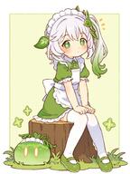 1girl alternate_costume apron blush border commentary_request dress enmaided frilled_hairband frills full-face_blush general genshin_impact gradient_hair green_background green_dress green_eyes green_hair green_shoes hair_between_eyes hair_ornament hairband leaf_hair_ornament long_hair looking_at_viewer maid maid_headdress mary_janes multicolored_hair nahida_(genshin_impact) onyhakase pointy_ears shoes short_sleeves side_ponytail sitting sitting_on_tree_stump slime_(genshin_impact) solo star-shaped_pupils star_(symbol) symbol-shaped_pupils thigh-highs thighhighs tree_stump white_apron white_border white_hair white_hairband white_thighhighs // 700x933 // 91.4KB