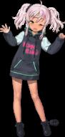 1girl ahoge black_hoodie comandante_cappellini_(kancolle) dark-skinned_female dark_skin full_body general green_eyes hood hoodie jiji_(aardvark) kantai_collection long_hair multicolored_hair official_art one_eye_closed open_hand pink_hair solo streaked_hair transparent_background twintails uit-24_(kancolle) // 408x859 // 77.0KB