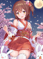 1girl bare_shoulders blush breasts brown_eyes brown_hair cherry_blossoms clothing_cutout collarbone cowboy_shot detached_sleeves dot_nose falling_petals floral_print floral_print_kimono floral_print_sleeves flower full_moon hair_flower hair_ornament hairclip hands_up highres idolmaster idolmaster_million_live! idolmaster_million_live!_theater_days japanese_clothes kasuga_mirai kimono kimono_skirt koaya long_sleeves looking_at_viewer medium_breasts miniskirt moon night night_sky nontraditional_miko one_side_up open_mouth outdoors petals pink_flower pleated_skirt pom_pom_(clothes) pom_pom_hair_ornament print_kimono rabbit red_skirt red_trim ribbon-trimmed_sleeves ribbon-trimmed_thighhighs ribbon_trim sensitive short_hair short_kimono side_cutout side_ponytail side_slit signature skirt sky sleeveless sleeveless_kimono smile solo standing thighhighs white_kimono white_sleeves white_thighhighs wide_sleeves zettai_ryouiki // 1213x1654 // 1.5MB