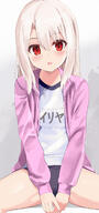 1girl atfbooru.ninja black_buruma blush breasts buruma fatekaleid_liner_prisma_illya fate_(series) fate_kaleid_liner_prisma_illya female general hair_between_eyes highres illyasviel_von_einzbern jacket long_hair long_sleeves looking_at_viewer name_tag open_clothes open_jacket open_mouth pan_korokorosuke pink_jacket red_eyes safe sensitive shirt sidelocks sitting small_breasts solo thighs translated translation_request white_hair white_shirt // 794x1687 // 682.1KB