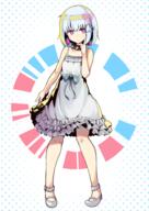 1girl absurdres aoi_mokuren breasts bright_pupils collar dohna_dohna_issho_ni_warui_koto_o_shiyou dress flower frilled_dress frills full_body general grey_hair hair_ornament heart heart_hair_ornament highres medium_hair multicolored_hair pink_eyes pink_hair polka_dot polka_dot_background porno_(dohna_dohna) ribbon sleeveless sleeveless_dress small_breasts solo spiked_collar spikes white_dress white_footwear // 2894x4093 // 4.0MB