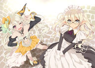 2girls clothing_cutout collar collared_dress detached_sleeves dress edelgard edelgard_(isekai_maou) edelgard_(isekai_maou_to_shoukan_shoujo_dorei_majutsu) female general glasses gloves hat highres horn_ornament horn_ribbon horns how_not_to_summon_a_demon_lord isekai_maou_to_shoukan_shoujo_dorei_majutsu isekai_maou_to_shoukan_shoujo_no_dorei_majutsu krebskrum krebskulm maid maid_headdress megane metal_collar multiple_girls navel_cutout novel_illustration official_art pointed_ears pointy_ears purple_eyes ribbon safe sensitive shoes skirt tsurusaki_takahiro v_arms // 2311x1650 // 1.6MB