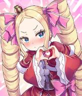 1girl beatrice_(re_zero) blonde_hair blue_eyes blush bow butterfly-shaped_pupils capelet commentary_request crown dress drill_hair forehead frilled_ribbon frills fur-trimmed_capelet fur_trim hair_ribbon heart heart_hands long_hair long_sleeves looking_at_viewer mini_crown parted_bangs pink_bow pink_ribbon re_zero_kara_hajimeru_isekai_seikatsu red_capelet red_dress ribbon s_(hdru2332) solo symbol-shaped_pupils twin_drills upper_body watermark wide_sleeves // 683x800 // 664.7KB