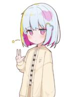 1girl blue_hair blush colored_inner_hair dohna_dohna_issho_ni_warui_koto_o_shiyou expressionless general hair_ornament heart heart_hair_ornament highres jacket looking_at_viewer multicolored_hair open_clothes open_jacket pink_eyes pink_hair porno_(dohna_dohna) shirt short_hair simple_background solo star_(symbol) striped_clothes striped_shirt upper_body v white_background yangfan // 1374x1755 // 2.1MB