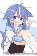1girl ahoge amakami_sana_(1n4b4) amakami_sana_(1n4b4)_(cosplay) animal_ear_fluff animal_ears bike_shorts black_shorts blue_background blue_eyes blue_hair blue_tail blush cat_ears cat_girl cat_tail collarbone commentary_request cosplay d fang hair_ornament hairpin highres hood hood_down kneehighs layered_sleeves long_hair long_sleeves looking_at_viewer multicolored_hair nia_(ayanepuna) open_mouth original shirt short_over_long_sleeves short_sleeves shorts sitting smile socks solo streaked_hair tail tail_raised twitter_username v white_background white_hair white_shirt white_socks yuune_(ayanepuna) // 1000x1500 // 518.5KB