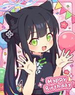 1girl animal_ears balloon black_dress black_hair blue_archive blue_halo blush cat_ears cat_girl commentary_request d dot_nose dress extra_ears flat_chest general green_eyes halo happy_birthday onyhakase open_mouth short_sleeves shun_(blue_archive) shun_(small)_(blue_archive) smile solo twintails upper_body // 700x891 // 655.9KB