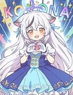 1girl 93857864_user_kzpj8227 alternate_costume animal_ear_fluff animal_ears black_hair blue_archive blue_dress blue_halo blush character_name commentary_request cowboy_shot d dress general grey_hair halo heart heart_hands highres kokona_(blue_archive) long_hair looking_at_viewer multicolored_hair onyhakase open_mouth orange_eyes pixiv puffy_short_sleeves puffy_sleeves short_sleeves smile solo streaked_hair tiger_ears tiger_girl two-tone_dress very_long_hair // 1000x1300 // 1.3MB