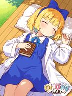 1girl blonde_hair blue_bow blue_dress blue_hair blue_hairband blue_ribbon book bow bow_hairband closed_eyes closed_mouth coat collared_shirt colored_inner_hair commentary_request dress general hair_bow hairband head_on_pillow holding holding_book lab_coat long_sleeves lying medium_hair multicolored_hair neck_ribbon on_back onyhakase open_clothes open_coat original pillow pinafore_dress ribbon shirt sleeping sleeveless sleeveless_dress solo two-tone_hair white_coat white_shirt // 850x1133 // 911.2KB