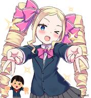 1girl >_o beatrice_(re_zero) beatrice_(zero) black_jacket blonde_hair blue_eyes blush bow bowtie butterfly-shaped_pupils commentary_request d double_gyaru_v double_v drill_hair forehead grey_skirt gyaru_v hair_ribbon irasutoya irasutoya_challenge jacket long_hair o one_eye_closed open_mouth parted_bangs pink_bow pink_bowtie pink_ribbon pleated_skirt re_zero_kara_hajimeru_isekai_seikatsu reference_inset ribbon s_(hdru2332) school_uniform sensitive shirt sidelocks simple_background skirt smile sparkle symbol-shaped_pupils twin_drills upper_body v white_background white_shirt zero_kara_hajimeru_isekai_seikatsu // 742x800 // 489.7KB