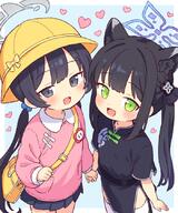 2girls aged_down animal_ears bag black_dress black_hair blue_archive blush child chinese_clothes commentary dress extra_ears flower_pin general green_eyes grey_eyes grey_halo hair_bobbles hair_ornament halo hat holding_hands kindergarten_bag kindergarten_uniform kisaki_(blue_archive) kisaki_(kindergarten_uniform)_(blue_archive) long_hair long_sleeves looking_at_viewer low_twintails multiple_girls onyhakase open_mouth out_of_character pink_shirt pleated_skirt school_hat shirt short_sleeves shun_(blue_archive) shun_(small)_(blue_archive) simple_background skirt smile thigh-highs thighhighs tiger_ears tiger_girl twintails white_thighhighs yellow_bag yellow_hat // 700x840 // 528.2KB