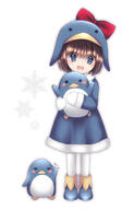 1_female 1girl =_= avian bird blue_eyes blush blush_stickers brown_hair commentary_request ecoco ekokuice female hat highres hug looking_at_viewer mature mittens pantyhose penguin penguin_hat pov pow_(ameri) ribbon safe salute short_hair solo sparkle // 900x1400 // 494.9KB