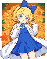 1girl autumn_leaves blonde_hair blue_bow blue_dress blue_eyes blue_hair blue_hairband blue_ribbon border bow bow_hairband coat collared_shirt colored_inner_hair commentary_request cowboy_shot dress dress_shirt falling_leaves general grin hair_bow hairband lab_coat leaf long_sleeves looking_at_viewer lying medium_hair multicolored_hair neck_ribbon on_back onyhakase open_clothes open_coat original outside_border pinafore_dress ribbon shirt sleeveless sleeveless_dress smile solo two-tone_hair white_border white_coat white_shirt // 850x1063 // 728.8KB