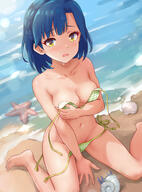 1girl absurdres barefoot beach bikini blue_hair blush braid breast_hold breasts checkered_bikini checkered_clothes collarbone day eyelashes green_bikini groin highres idolmaster idolmaster_million_live! idolmaster_million_live!_theater_days koaya legs looking_at_viewer medium_breasts medium_hair nanao_yuriko navel ocean on_floor open_mouth outdoors sensitive shell side-tie_bikini_bottom sitting solo starfish stomach sunlight swimsuit thighs untied_bikini_top wardrobe_malfunction wariza water wet wet_hair yellow_eyes // 1900x2566 // 2.6MB