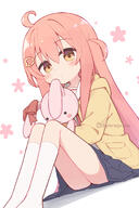1girl black_skirt blush bow brown_eyes brown_jacket closed_mouth commentary_request dutch_angle floral_background hair_between_eyes hair_ornament hairclip highres hood hood_down hooded_jacket ii_(ayanepuna) jacket kneehighs knees_up long_hair looking_at_viewer no_shoes open_clothes open_jacket open_mouth original pink_hair pleated_skirt red_bow sailor_collar school_uniform serafuku shadow shirt simple_background sitting skirt socks solo stuffed_animal stuffed_rabbit stuffed_toy twitter_username two_side_up very_long_hair white_background white_sailor_collar white_shirt white_socks x_mouth yuune_(ayanepuna) // 1000x1500 // 888.8KB