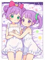 2girls ahoge blush border bow chemise closed_mouth collarbone commentary_request double_bun flat_chest frilled_chemise general green_eyes green_scrunchie hair_bow hair_bun hair_ornament hair_scrunchie head_on_pillow hug looking_at_viewer lying manaka_laala manaka_laala_(normal) manaka_non manaka_non_(normal) medium_hair multiple_girls o on_back on_bed on_side onyhakase outside_border pillow pink_bow pretty_series pripara purple_eyes purple_hair scrunchie short_hair siblings side_ponytail sisters smile split_mouth violet_eyes white_border white_chemise // 700x933 // 120.5KB