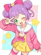 1girl ahoge bow commentary_request cowboy_shot d double_bun dress general green_eyes hair_bow hair_bun hand_up jacket long_sleeves looking_at_viewer manaka_laala manaka_laala_(normal) neckerchief one_eye_closed onyhakase open_clothes open_jacket open_mouth paprika_private_academy_school_uniform pink_bow pink_jacket pink_neckerchief pink_thighhighs pretty_series pripara purple_hair sailor_collar school_uniform short_hair smile solo star_(symbol) striped_clothes striped_thighhighs swept_bangs thigh-highs thighhighs v v_over_eye white_sailor_collar white_thighhighs yellow_dress // 700x933 // 95.9KB