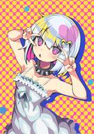 1girl bare_shoulders blush collar collarbone commentary dohna_dohna dohna_dohna_issho_ni_warui_koto_o_shiyou dotted_background double_v dress eyebrows eyebrows_visible_through_hair female general hands_up heart highres looking_at_viewer multicolored_hair multicoloured_hair nibansu o open_mouth pink_eyes pink_hair porno_(dohna_dohna) safe short_hair solo spaghetti_strap spiked_collar spikes upper_body v white_hair // 1020x1447 // 272.5KB