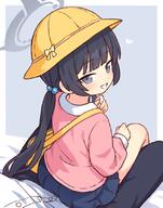 1boy 1girl bag black_hair blue_archive blue_skirt commentary grey_eyes grey_halo grin hair_bobbles hair_ornament halo hat heart kindergarten_uniform kisaki_(blue_archive) kisaki_(kindergarten_uniform)_(blue_archive) long_hair long_sleeves looking_at_viewer miniskirt onyhakase pink_shirt pleated_skirt school_hat sensei_(blue_archive) sensitive shirt shoulder_bag sitting sitting_on_lap sitting_on_person skirt smile solo_focus teeth twintails yellow_bag yellow_hat // 640x815 // 354.9KB