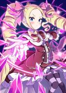 1girl beatrice_(re_zero) beatrice_(zero) blonde_hair blue_eyes blush butterfly-shaped_pupils capelet closed_mouth commentary_request crown crystal dress drill_hair feet_out_of_frame forehead frilled_dress frilled_ribbon frills fur-trimmed_capelet fur_trim general hair_ribbon long_hair looking_at_viewer magic making-of_available mini_crown pantyhose parted_bangs pink_pupils pink_ribbon pom_pom_(clothes) re_zero_kara_hajimeru_isekai_seikatsu reaching reaching_towards_viewer red_capelet red_dress ribbon s_(hdru2332) sidelocks solo striped_clothes striped_pantyhose symbol-shaped_pupils twin_drills watermark zero_kara_hajimeru_isekai_seikatsu // 566x800 // 619.0KB