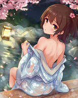 1girl absurdres ass back back_focus blush breasts cherry_blossoms falling_petals flower hair_flower hair_ornament highres idolmaster idolmaster_million_live! kasuga_mirai koaya lantern looking_at_viewer looking_back median_furrow medium_breasts night night_sky one_side_up onsen petals questionable shoulder_blades sitting sky soaking_feet solo wet wet_clothes wet_kimono // 2000x2500 // 2.2MB