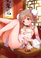 1girl absurdres ahoge bare_legs bare_shoulders blush braid breasts brown_hair bun_cover china_dress chinese_clothes cleavage_cutout clothes_between_thighs clothing_cutout commentary_request cutout_above_navel detached_sleeves double_bun dress feet_out_of_frame floral_print flower_cutout hair_bun hakozaki_serika highres idolmaster idolmaster_million_live! idolmaster_million_live!_theater_days incense_burner indoors koaya legs_up lens_flare long_hair long_sleeves looking_at_viewer lying no_panties on_back orange_eyes parted_lips pelvic_curtain print_dress questionable red_ribbon ribbon scroll side-tie_dress side_slit small_breasts smoke solo sparkle tareme thighs translation_request twin_braids white_dress wind // 2150x3035 // 3.9MB
