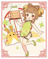 1girl alternate_costume bare_shoulders bell blush bow-shaped_hair brown_hair china_dress chinese_clothes commentary_request d dress foot_up general genshin_impact green_dress green_shoes hair_bell hair_ornament holding holding_tray jingle_bell looking_at_viewer medium_hair onyhakase open_mouth orange_eyes shoes sleeveless sleeveless_dress smile solo thigh_strap tray yaoyao_(genshin_impact) yuegui_(genshin_impact) // 700x850 // 517.7KB