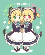 2girls 3 animal_ear_headphones animal_ears animal_tail apron black_dress black_footwear blonde_hair blue_archive blue_ribbon blush cat_ear_headphones cat_ears cat_tail closed_mouth commentary commentary_request dress fake_animal_ears fake_tail frilled_apron frills full_body general green_background green_eyes green_halo halo headphones holding_hands interlocked_fingers long_sleeves looking_at_viewer maid maid_apron maid_headdress midori_(blue_archive) midori_(maid)_(blue_archive) momoi_(blue_archive) momoi_(maid)_(blue_archive) multiple_girls neck_ribbon official_alternate_costume onyhakase pantyhose pink_eyes pink_halo puffy_long_sleeves puffy_sleeves questionable ribbon saiba_midori saiba_momoi shoes short_hair short_twintails siblings simple_background sisters smile standing star_(symbol) tail twins twintails white_apron white_pantyhose // 600x729 // 282.7KB