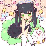 1girl animal_ear_fluff animal_ears between_legs black_dress black_footwear black_hair blue_archive blue_halo blush bow bow_legwear closed_mouth commentary commentary_request cowboy_shot dress extra_ears feet_out_of_frame general green_bow green_eyes halo hand_between_legs leaning_forward long_hair looking_at_viewer onyhakase peroro_(blue_archive) questionable sensitive short_dress shun_(blue_archive) shun_(small)_(blue_archive) sitting sleeveless sleeveless_dress smile solo star_(symbol) strap_slip sundress sunohara_shun thigh-highs thighhighs tiger_ears tiger_girl twintails white_thighhighs zettai_ryouiki // 600x600 // 304.4KB