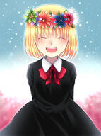 1_female 1girl ^_^ arms_behind_back black_dress blonde_hair closed_eyes commentary_request dress facing_viewer female flower looking_at_viewer mature md5_mismatch pov pow_(ameri) safe short_hair smile solo usotsuki wreath yume_nisshi // 640x858 // 423.4KB