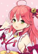 1girl ahoge bangs bell blush bow breasts commentary_request detached_sleeves green_eyes hair_bell hair_between_eyes hair_ornament hololive japanese_clothes jiji_(aardvark) jingle_bell large_breasts long_hair looking_at_viewer nontraditional_miko open_mouth pink_hair sakura_miko sakura_miko_(1st_costume) sensitive sideboob sideless_kimono simple_background solo tassel upper_body virtual_youtuber // 759x1075 // 196.1KB