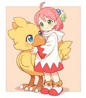 1girl ahoge animal animal_hug chocobo closed_mouth commentary_request feather_hair_ornament feathers final_fantasy full_body general green_eyes hair_ornament hood hood_down hooded_robe jewelry long_sleeves looking_at_animal medium_hair necklace onyhakase pink_hair robe shirma shoes smile solo standing white_robe white_shoes wide_sleeves // 700x800 // 274.2KB