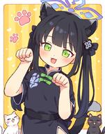 1girl 3 aged_down animal_ear_fluff animal_ears black_dress black_hair blue_archive blush cat cat_day china_dress chinese_clothes dress fangs general green_eyes halo long_hair looking_at_viewer onyhakase open_mouth paw_pose paw_print short_sleeves shun_(blue_archive) shun_(small)_(blue_archive) smile tiger_ears tiger_girl twintails // 700x891 // 523.1KB