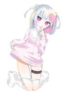 1girl alternate_costume blush boots colored_inner_hair dohna_dohna_issho_ni_warui_koto_o_shiyou full_body hair_ornament heart heart_hair_ornament highres jacket kneeling looking_at_viewer loose_socks multicolored_hair panties panty_pull parted_lips pink_eyes pink_hair porno_(dohna_dohna) questionable sensitive short_hair simple_background socks solo spiked_thigh_strap subetehakai thigh_gap thigh_strap two-tone_hair two_side_up underwear white_background white_hair white_panties // 1448x2048 // 188.6KB