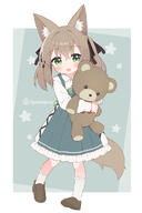 1girl animal_ear_fluff animal_ears aruma_(goma) ayanepuna black_bow blue_dress blush borrowed_character bow brown_hair brown_shoes collared_shirt commentary_request d dress dress_shirt floral_background frilled_dress frilled_socks frills full_body general green_bow green_eyes hair_between_eyes hair_bow highres hugging_object loafers long_hair long_sleeves looking_at_viewer open_mouth original pleated_dress puffy_long_sleeves puffy_sleeves shirt shoes sleeveless sleeveless_dress sleeves_past_wrists smile socks solo standing stuffed_animal stuffed_toy tail teddy_bear twintails twitter_username white_shirt white_socks yuune_(ayanepuna) // 800x1200 // 299.2KB