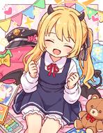 1girl black_dress black_hat black_horns black_tail black_wings blonde_hair bloomers blue_archive blush closed_eyes collared_shirt demon_horns demon_tail demon_wings dress facing_viewer feet_out_of_frame general halo hat heart horns ibuki_(blue_archive) long_hair long_sleeves onyhakase open_mouth peaked_cap pinafore_dress pointy_ears shirt side_ponytail sleeveless sleeveless_dress smile solo stuffed_animal stuffed_toy tail teddy_bear unworn_hat unworn_headwear white_shirt wings yellow_halo // 640x832 // 630.9KB