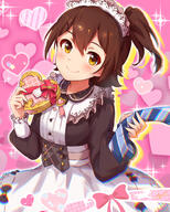 1girl absurdres black_bow black_shirt blue_necktie blurry blush bow box brooch brown_hair closed_mouth colored_shadow commentary cowboy_shot depth_of_field dot_nose dress_bow hair_between_eyes hands_up heart heart-shaped_box heart_brooch highres holding holding_box holding_jewelry holding_necklace idolmaster idolmaster_million_live! idolmaster_million_live!_theater_days jewelry kasuga_mirai koaya long_sleeves looking_at_viewer necklace necktie one_side_up pink_background pink_brooch pink_ribbon ribbon shadow shirt short_hair side_ponytail skirt smile solo sparkle standing valentine white_headdress white_skirt yellow_eyes // 2403x3000 // 1.7MB