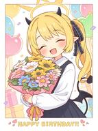 1girl balloon black_ribbon black_wings blonde_hair blue_archive blue_dress blush bouquet closed_eyes collared_shirt commentary_request confetti demon_girl demon_horns demon_tail demon_wings dress facing_viewer flower general hair_ribbon halo happy_birthday heart_balloon holding holding_bouquet horns ibuki_(blue_archive) long_hair long_sleeves low_wings neck_ribbon onyhakase open_mouth pinafore_dress pointy_ears red_ribbon ribbon shirt side_ponytail sidelocks sleeveless sleeveless_dress smile solo tail white_shirt wings yellow_halo // 700x942 // 122.2KB