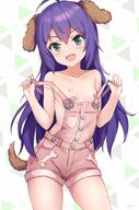 1girl ahoge animal_ears bandaid bandaids_on_nipples blush breasts brown_overalls dog_ears dog_girl dog_tail double-parted_bangs green_eyes hair_between_eyes highres idolmaster idolmaster_million_live! idolmaster_million_live!_theater_days koaya long_hair looking_at_viewer mochizuki_anna naked_overalls no_bra official_alternate_costume open_mouth overall_shorts overalls pasties paw_print pink_overalls purple_hair questionable sensitive simple_background small_breasts solo strap_pull suspenders tail wanwan_wonderful_(idolmaster) // 1120x1693 // 201.4KB