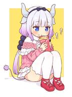 1girl 2025 blue_eyes blush crepe dragon_girl dragon_horns dress eating female female_focus general hairband horns kanna_kamui kobayashi-san_chi_no_maid_dragon kobayashi-san_chi_no_maidragon lavender_hair legs legwear loli long_hair long_twintails onyhakase red_shoes sensitive shoes sitting skirt solo tail thigh-highs thighhighs thighs twintails two-tone_background white_horns white_legwear white_skirt white_thighhighs yellow_background // 700x933 // 381.3KB