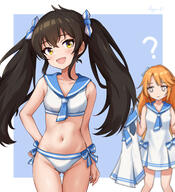 227 2797 2girls 58 3067 ? absurdres ass_visible_through_thighs bikini black_hair blue_background blue_bow blue_neckerchief blue_neckwear blue_sailor_collar blurry blush border bow breasts clavicle clothing collarbone commentary_request cowboy_shot danbooru depth_of_field dress empty_eyes expressionless female gelbooru gluteal_fold groin hair_between_eyes hair_ornament hair_ribbon hand_on_hip hand_on_own_hip highres holding holding_clothes holding_dress holding_object holding_unworn_clothes holding_unworn_dress idolmaster idolmaster_cinderella_girls idolmaster_cinderella_girls_u149 jpg koaya long_hair looking_at_viewer matoba_risa matoba_risa_yuuki_haru multiple_girls navel neckerchief neckwear open_mouth orange_hair questionable ribbon sailor_bikini sailor_collar sailor_dress sailor_swimsuit_(idolmaster) sensitive sidelocks signature small_breasts smile solo_focus stomach swimsuit the_idolm@_cinderella_girls_u149 thighs tied_hair twintails unworn_dress white_bikini white_border white_dress white_swimsuit yellow_eyes yuuki_haru // 2797x3067 // 1.8MB
