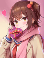 1girl blush box brown_coat brown_eyes brown_hair closed_mouth coat general gift hair_ornament hairclip heart heart-shaped_box highres holding holding_gift idolmaster idolmaster_million_live! kasuga_mirai koaya long_sleeves looking_at_viewer neckerchief one_side_up pink_scarf pom_pom_(clothes) pom_pom_hair_ornament red_neckerchief scarf school_uniform serafuku short_hair smile solo upper_body valentine // 1387x1811 // 1.4MB