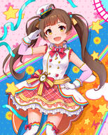 1girl absurdres ahoge bare_shoulders blue_ribbon blush bow bowtie breasts brown_eyes brown_hair clock cowboy_shot detached_sleeves dot_nose dress dress_bow flower frilled_dress frills general gloves hair_ornament hakozaki_serika hand_on_own_hip hat heart heart_hair_ornament highres idolmaster idolmaster_million_live! idolmaster_million_live!_theater_days koaya long_hair looking_at_viewer multicolored_background open_mouth plaid_clothes plaid_dress polka_dot polka_dot_background purple_sleeves red_bow red_bowtie red_dress ribbon salute signature sleeveless sleeveless_dress small_breasts smile solo standing star_(symbol) star_hair_ornament sunflower thigh-highs thighhighs twintails two-tone_dress very_long_hair white_dress white_gloves white_thighhighs yellow_bow yellow_flower zettai_ryouiki // 2400x3000 // 3.3MB